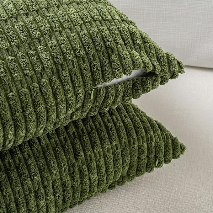 Fancy Homi Set of 4 Green Boho Decorative Throw Pillow Covers 16x16 Inch for Couch Bed Sofa, Aesthetic Modern Bohemian Room Decor, Soft Fuzzy Fluffy Cozy Corduroy Cushion Case 40x40cm