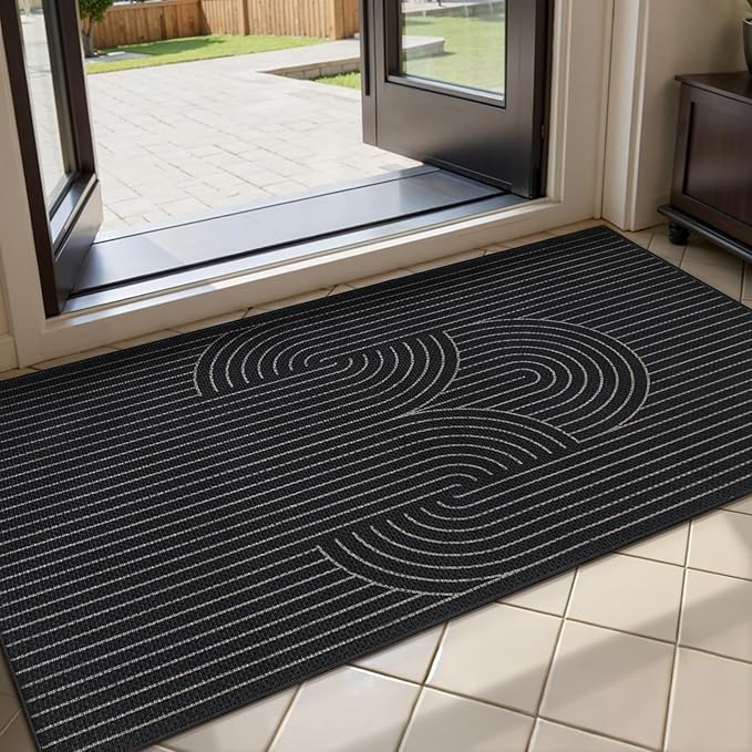 Tangsoo Rainbow Easy Jute Rug 2x4 Small Throw Rugs for Entryway,Washable Ultra Thin Outdoor Door Mat, Black Geometric Non-Slip Indoor Floor Carpet for Entrance Kitchen Hallway Bedroom Front Porch