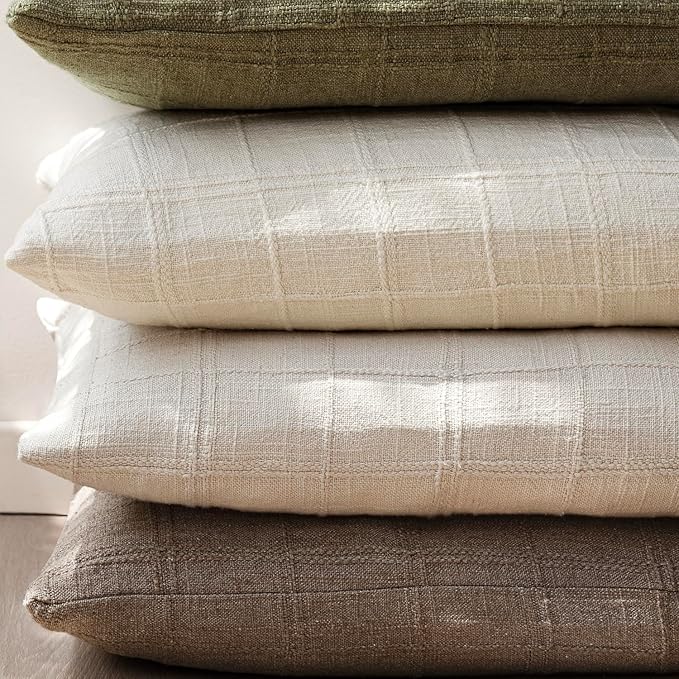 Foindtower Set of 2 Decorative Linen Check Throw Pillow Covers Neutral Farmhouse Lumbar Cushion Covers Modern Boho Home Decor for Sofa Chair Couch Bedroom Living Room,12×24 Inch,Taupe Grey