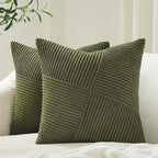 Topfinel 24x24 inches Pillow Covers Set of 2 Olive Green Corduroy Decorative Throw Pillow Covers for Sofa Couch Bed, Windmill Textured Striped Patchwork Couch Spring Pillow Case 60x60 cm