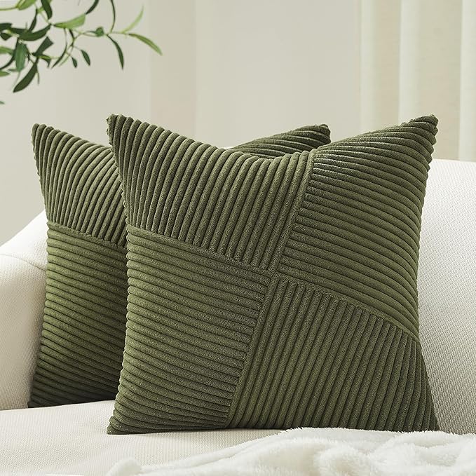 Topfinel 24x24 inches Pillow Covers Set of 2 Olive Green Corduroy Decorative Throw Pillow Covers for Sofa Couch Bed, Windmill Textured Striped Patchwork Couch Spring Pillow Case 60x60 cm
