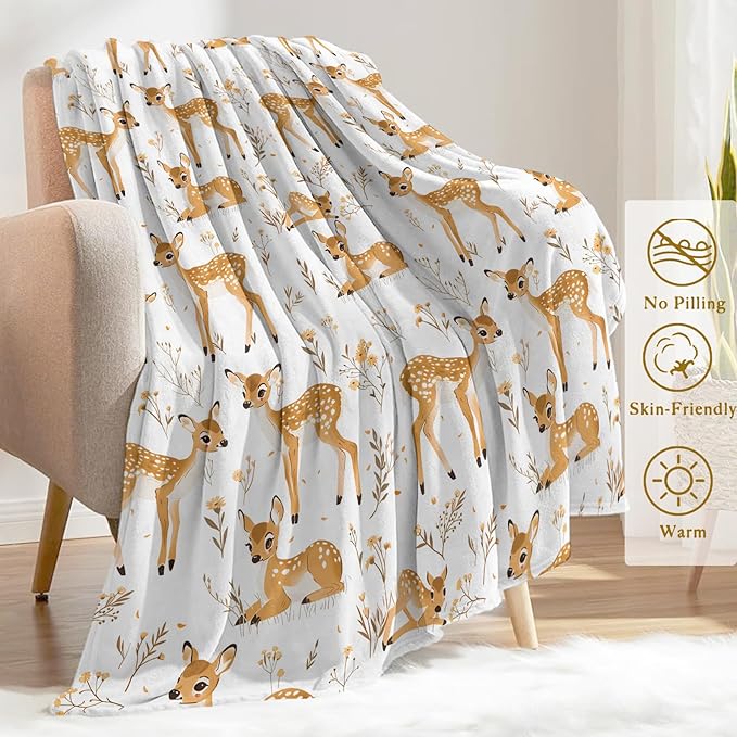 Cute Deer Fleece Blanket - Lightweight Soft Cozy Gifts Throw for Nature Lovers,Kids,Girls,Women,Sweet Animal & Floral White Blankets,Home Room Modern Art Decor 40x50in