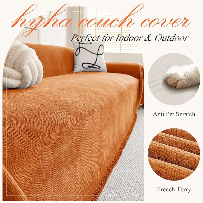hyha Couch Cover for Dogs, Boho Sofa Covers for 3 Cushion Couch Washable, Chenille Sofa Slipcover for Pets, Soft Loveseat Sectional Couch Throw Blankets with Tassels (Orange, 88.5x118 Inch)