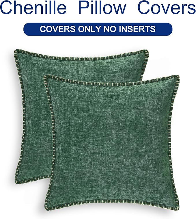 CaliTime Christmas Throw Pillow Covers Decorative 20 X 20 Inches Pack of 2 Cotton Thread Stitching Edges Solid Dyed Soft Chenille Cushion Cases for Couch Sofa Bed Living Room Farmhouse Dark Green