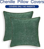 CaliTime Christmas Throw Pillow Covers Decorative 18 X 18 Inches Pack of 2 Cotton Thread Stitching Edges Solid Dyed Soft Chenille Cushion Cases for Couch Sofa Bed Living Room Farmhouse Dark Green