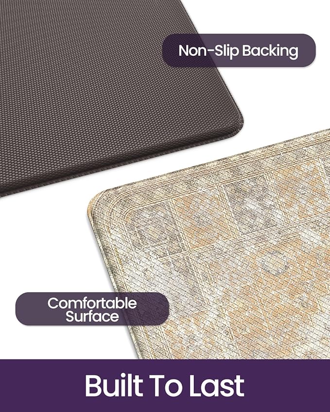 DEXI Kitchen Floor Mats Anti Fatigue, 17x29+17x59 Large Cushioned Runner Rug Waterproof, Standing Comfort Memory Foam Padded for Front Sink Laundry Office Set of 2, Beige and Light Orange