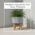 Aztec Decorative Planter Pot on Wooden Stand – Ceramic Stoneware Outdoor & Indoor Plant Pot with Gray Geometric Pattern – Modern Garden & Home Decor Ceramic Planters – 6", Gray