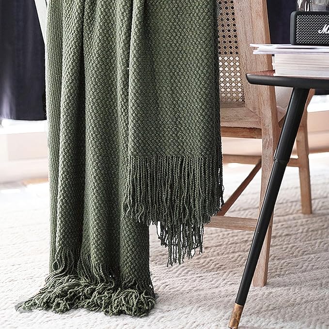 LOMAO Knitted Throw Blanket with Tassels Bubble Textured Lightweight Throws for Couch Cover Home Decor (Dark Olive, 60x80)