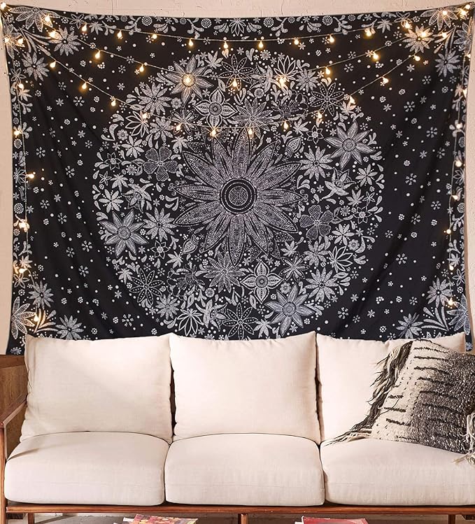 Neasow Bohemian Tapestry Wall Hanging, Black and White Floral Tapestry with Dotted Daisy Medallion Print Bedroom Boho Hippie Home Decor, 50x60 inches