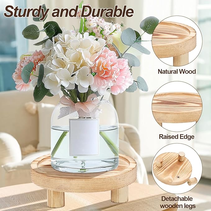 3 Pcs Wood Plant Stand Indoor Outdoor, Wooden Stool Display Stand 5/6/8" Round Riser Flower Pot Holder with Raised Edge Small Planter Tray Modern Potter Decorative for Garden Desktop Home Table Counter Room (Natural)