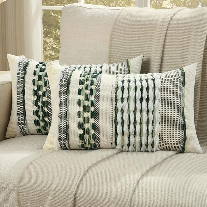 FUTEI Green Accent Throw Pillow Covers Set of 2, 12x20 Inch Plush Tufted Striped Textured Decorative Pillow Cases for Farmhouse Boho Couch Decor