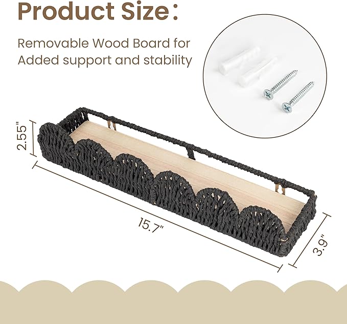 AELS Scalloped Nursery Bookshelf, Set of 3, Picture Ledge Shelf for Wall Decor, Woven Natural Fibre Floating Shelves for Books, Toys, Photo Frames, Nursery, Boho Modern Farmhouse Book Shelf, Black
