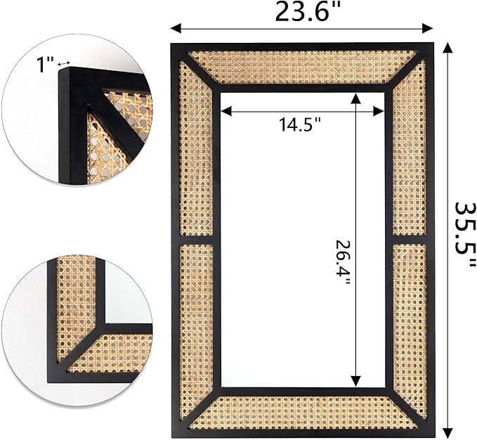 Rattan Mirror for Wall Decor Bohemian Rectangular Large Mirror 35.5" x 23.6", Farmhouse Decorative Wall-Mounted Mirrors, Hanging Mirrors, Woven Wicker, Black Wood Frame