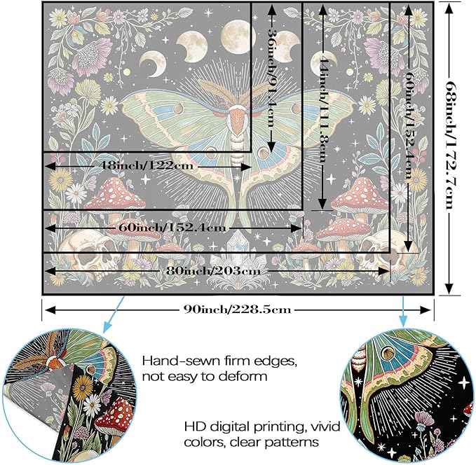 Accnicc Moth Tapestry Boho Mushroom Hippie Skull Wall Tapestry for Bedroom Aesthetic Vintage Floral Plant Moon Phase Small Tapestries Wall Hanging for Dorm Living Room Decor 60 x 44 Inch