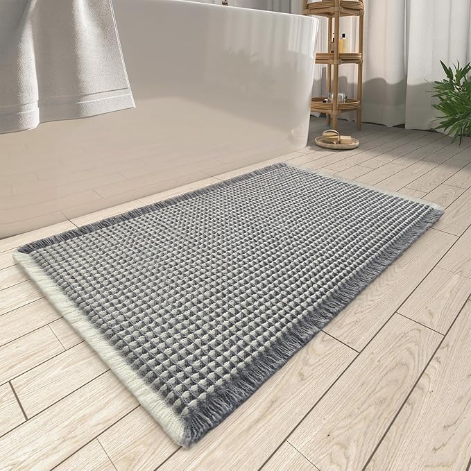 AMOAMI Upgraded Waffle Bath Mat, Super Absorbent Non Slip Bath Mats for Bathroom Floor, Washable Bathroom Rugs with Tassels, Rubber Backed Bathroom Mats, Ultra Soft, 18" x 30", Dark Grey & Cream