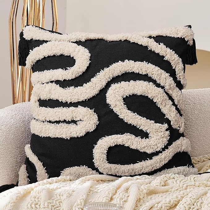 Adabana Black and Beige Pillow Covers Decorative Tufted Abstract Throw Pillows Cover Modern Farmhouse Home Decor for Couch Living Room Safa Bed,18X18 Inch