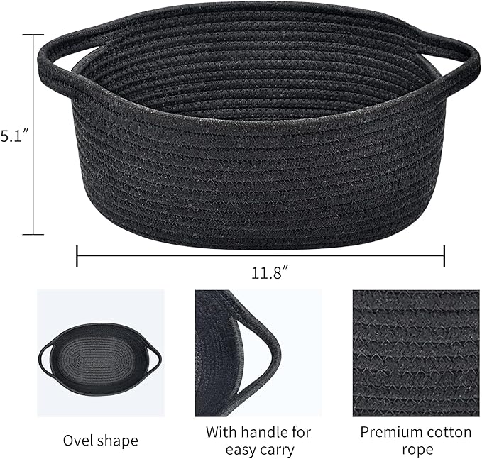 ABenkle Small Basket with Handles - Decorative Durable Rope Woven Storage Bin Shelf Storage Organizer Cube, Easter Baby Gift Basket, 12"x8"x5", Black