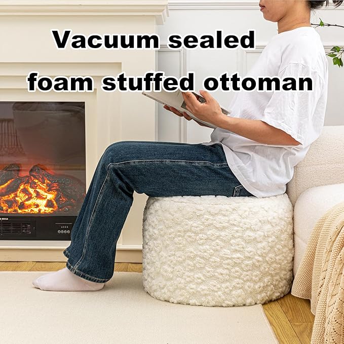 Ottoman Foot Rest Stuffed Round Boho Floor Poof Seating Armchair Ottoman Foot Stool Floor Cushion Bean Bag Pouf 18x18x14 Inch Cream White