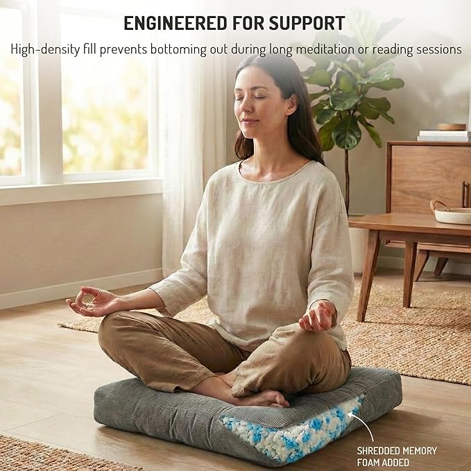 Degrees of Comfort Meditation Floor Pillow, Square Large Pillows Seating for Adults, Gray Tufted Corduroy Cushions for Outdoor Yoga Tatami Fireplace Living Room, Grey, 22x22 Inch