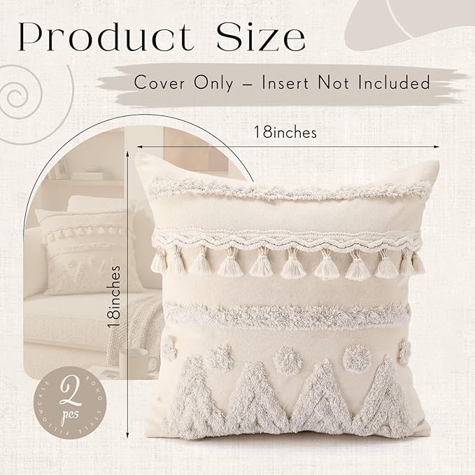 Tegeme 2 Pack Boho Throw Pillow Covers 18 x 18 Inch Tufted Textured Woven Farmhouse Decorative Pillowcases with Tassels Modern Neutral Cream Couch Pillows with Zipper for Sofa Bed Living Room