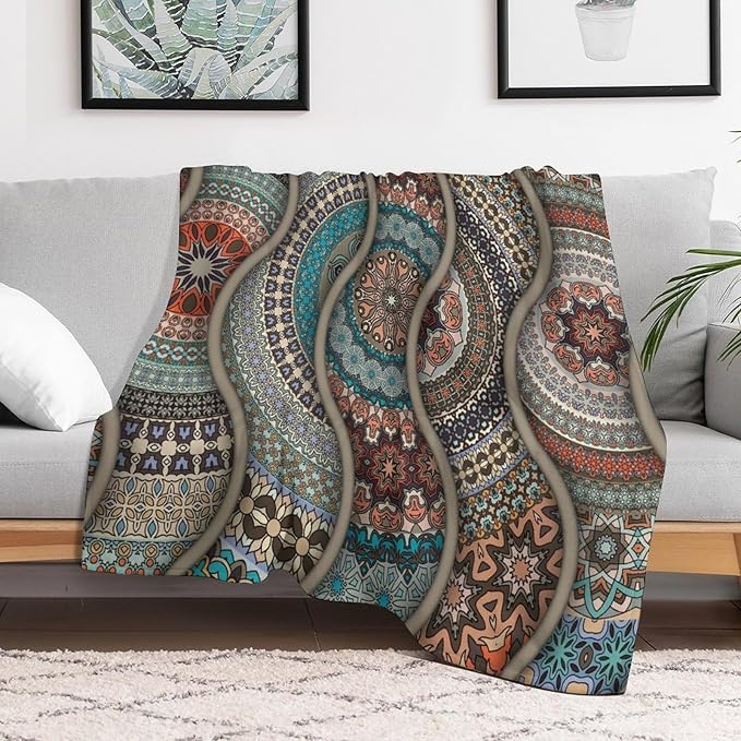 Colorful Bohemian Throw Blanket Vintage Floral Mandala Flower Aztec Boho Blanket for Sofa Bed Couch Chair Or Dorm 40"x50"