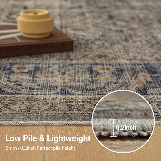 FMFUNCTEX 8x10 Washable Area Rug Brown Vintage Neutral Distressed Large Non Slip Carpet for Living Room Bedroom Soft Low Pile Indoor Mat Retro Throw Rug for Dining Room Kitchen Office Nursery, Multi