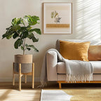Plant Basket with Stand, Indoor Round Wicker Basket Plant with Bamboo Wood Stand, Decorative Woven Rope Flower Indoor Planter with Legs, Boho Bamboo Wood Planter Holder (Jute Black Stripes)