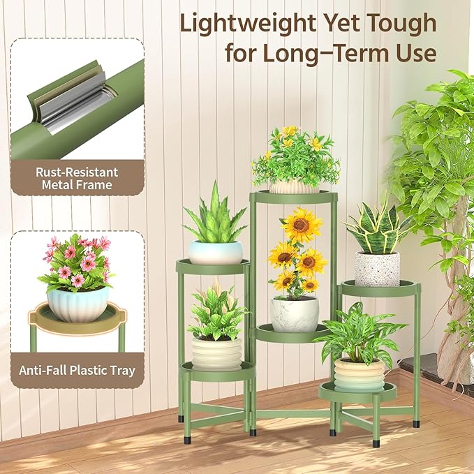LASZOLA 6 Tiered Plant Stand Indoor Outdoor with Plastic Tray, Corner Folding Tall Flower Display Rack, Modern Plant Holder Shelf for Outdoor Patio Porch Garden Office Living Room, Green