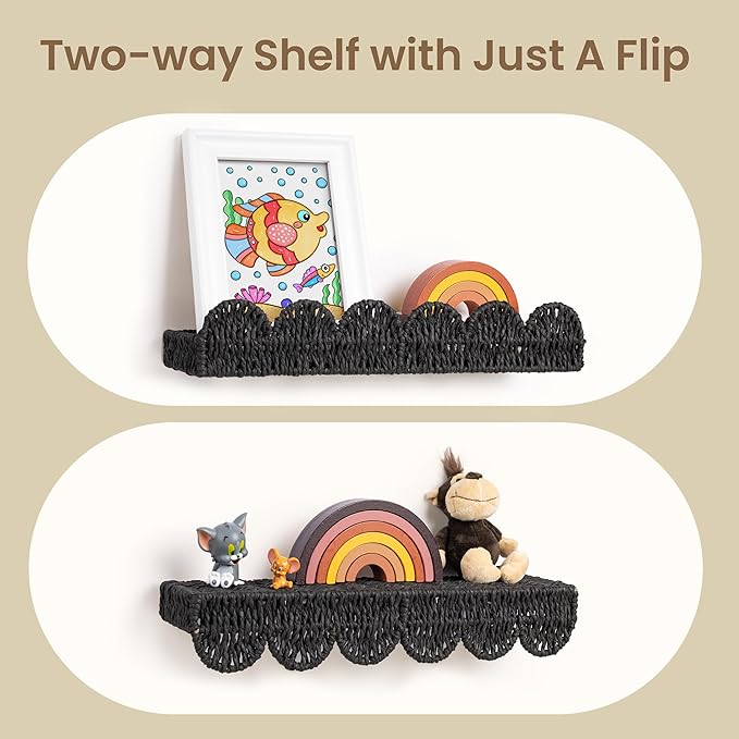 AELS Scalloped Nursery Bookshelf, Set of 2, Picture Ledge Shelf for Wall Decor, Woven Natural Fibre Floating Shelves for Books, Toys, Photo Frames, Nursery, Boho Modern Farmhouse Book Shelf, Black
