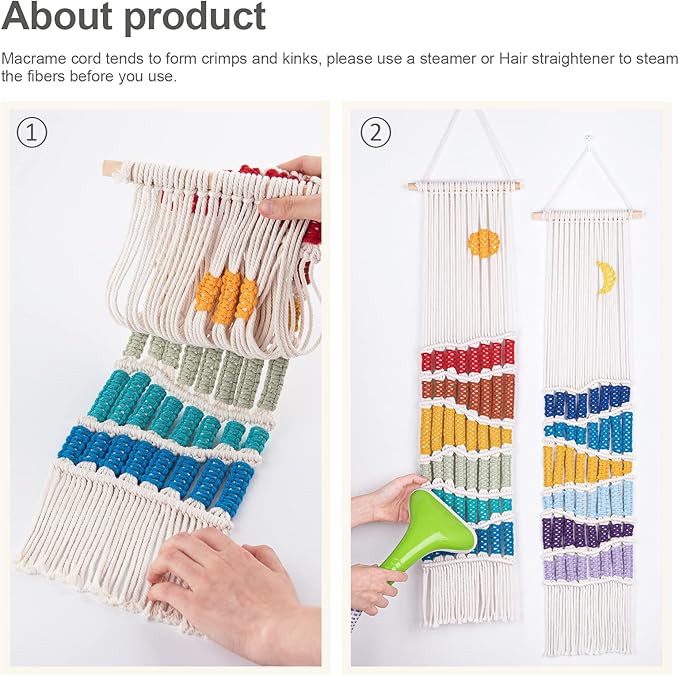 Boho Macrame Wall Hanging Decor Set, 2PCS Southwest Bohemian Handmade Woven Sun&Moon Mountain Geography Tapestry with Long Tassel, Gypsy Rainbow Ornament for Nursery Decoration Girl Christmas Gift