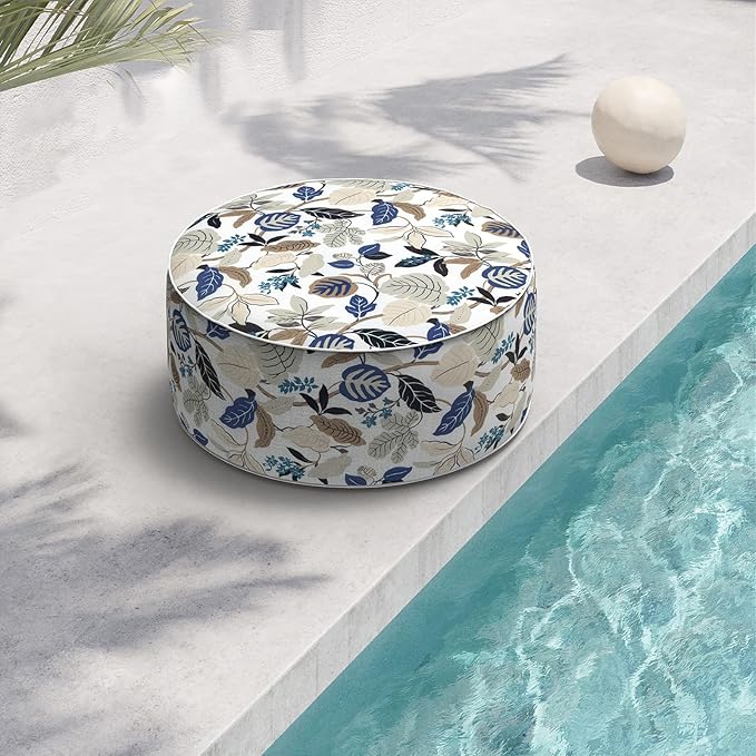 Indoor/Outdoor Inflatable Ottoman D21 x H9 inch, Round Footstool Inflatable Foot Rest Ottoman with Handle, Portable Ottomans Pouf for Patio, Garden, Camping, Home, Breeze Leaves Beige