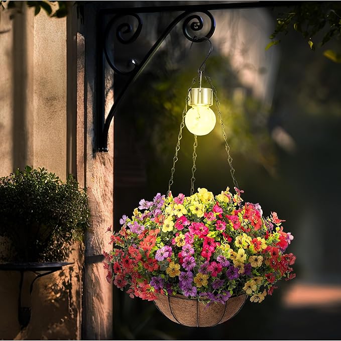 Artificial Faux Hanging Plants Flowers Basket for Summer Outdoor Outside Decorations,Fake Silk UV Resistant Look Real,Realistic Ferns for Outdoors for Porch Garden Decor,12 Bundles (Blue Red Purple)