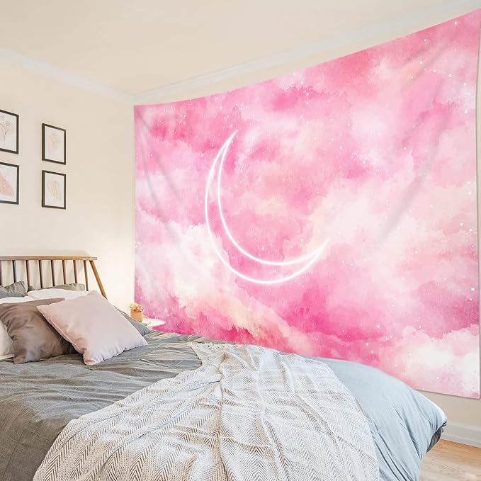 LB Pink Sky Tapestry Fantasy Pink Cloud and Moon Nature Landscape Wall Hanging Colorful Aesthetic Tapestries Wall Blanket for Bedroom Living Room Girl Teen Dorm Party Decor 92.5x70.9 Inches