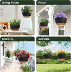 2 Pack 12 Hanging Flower Pots with Chains Self Watering Plastic Planters for Indoor Outdoor Plants, Sturdy Triangular Iron Chain Design for Garden PorchPlastic hanging flower pots(2, Black Brown)
