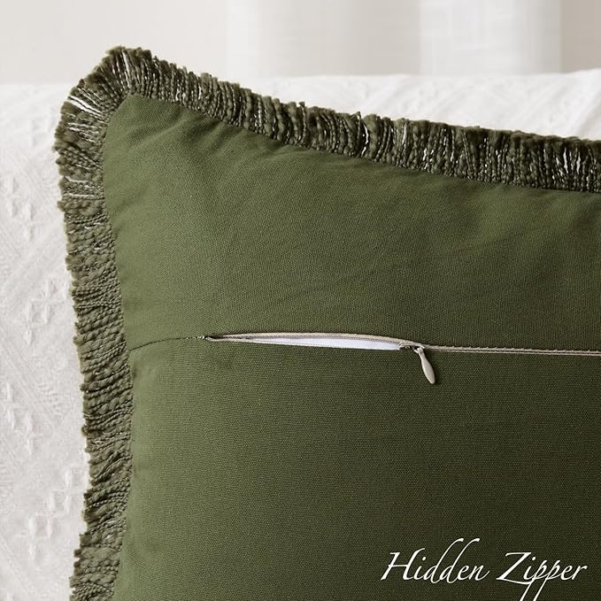 Kevin Textile 14x36 Inch Long Lumbar Pillow Cover 1 Pack Boho Fringe Decorative Rectangle Cushion Case with Tassels Neutral Cotton Woven Textured Farmhouse for Living Room Couch Sofa Bed, Olive Green