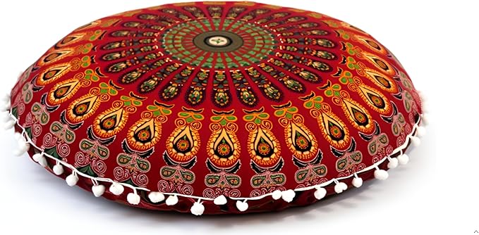 ICC 32 Inch Floor Pillows & Cushion Covers, Decorative Hippie Mandala Pouf Pillow Cover Bohemian Seating Meditation Cushion Cover, Large Boho Ottoman Case Pillowcase for Couch Round (Red)