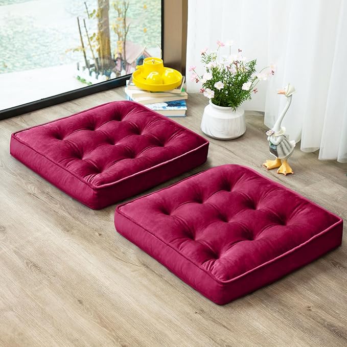 Floor Pillow Set of 2, Memory Foam Meditation Cushion, Floor Cushions for Adults Sitting, Large Square Seat Cushions for Yoga, Living Room, 22x22 Inch (Burgundy)