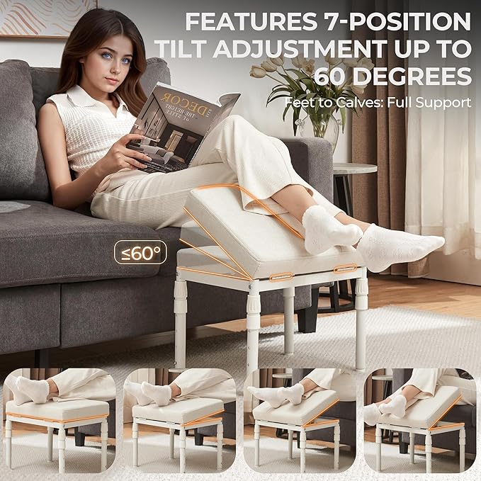 Adjustable Ottoman Pouf, 4 Height Position & 60 Degree Tilt Angle Adjustment Ottomans Footrest Foot Stools Pouffe Footstool for Under Desk Living Room Home(Beige)