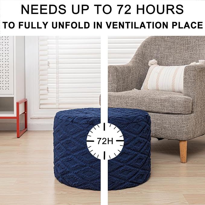 Fluffy Round Ottoman Pouf with All-in-One Foam Filling 20" x 14" Furry Ottoman Foot Rest Foot Stool for Living Room or Bedroom (Navy Blue)