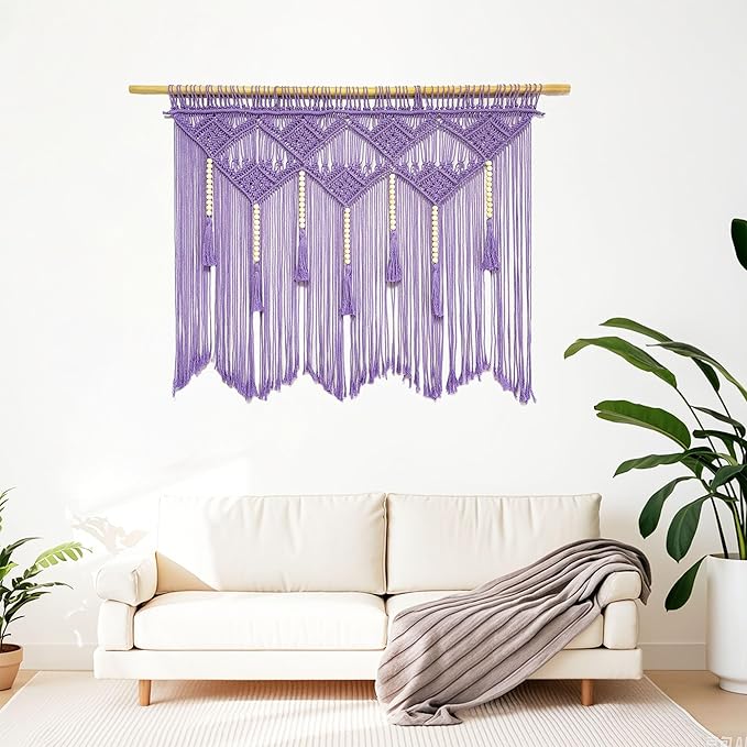 Youngeast Large Macrame Wall Hanging Boho Woven Tapestry Bohemian Macrame Wall Decor Handmade Tassel Tapestry Home Decoration for Bedroom Living Room 39"X31" (Wood Dowels Not Included) (Purple)
