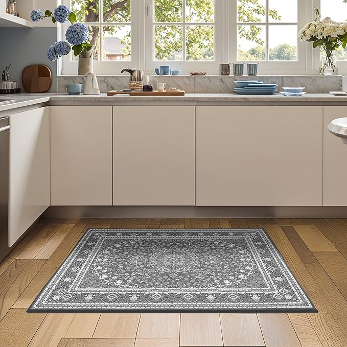 Lessymo 2 x 3 Entryway Rug - Machine Washable Area Rugs Boho Faux Wool Low Pile Area Rug for Bedroom, Floral Medallion Vintage Outdoor Rugs with Non-Slip Rubber,Grey White