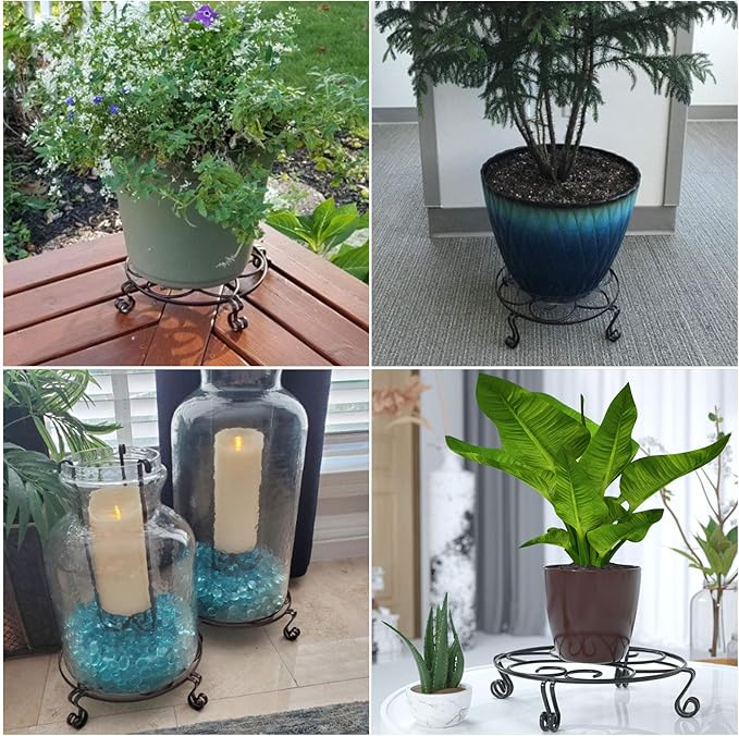 Yimobra Original Patented Plant Stand for Flower Pot Heavy Duty Potted Holder Indoor Outdoor Metal Rustproof Iron Garden Container Round Supports Rack for Planter, Black, 9.4 X 2Inches