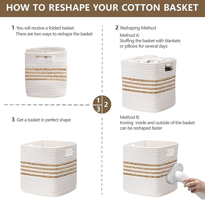UBBCARE Set of 4 Storage Cubes 11 X 10.5 X 10.5 in, Water Hyacinth Storage Bins for Shelves, Toys, Book, Storage Baskets with Handles, Cotton Rope Woven Baskets for Organizing, White