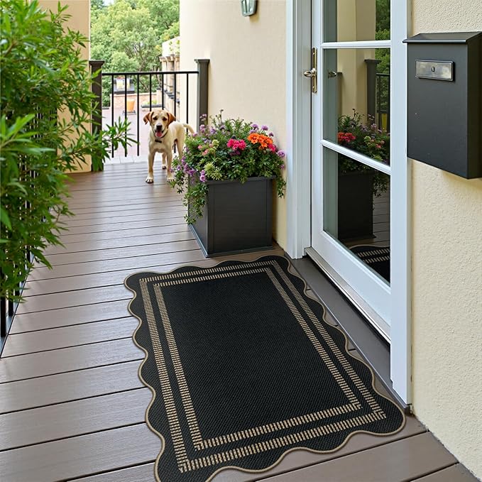 Scalloped Easy Jute Black Rug, 2.6x4 Front Door Washable Door Mat Non Slip Small Kitchen Area Rug, Farmhouse Low Pile Floor Rugs for Entryway Porch Doorway