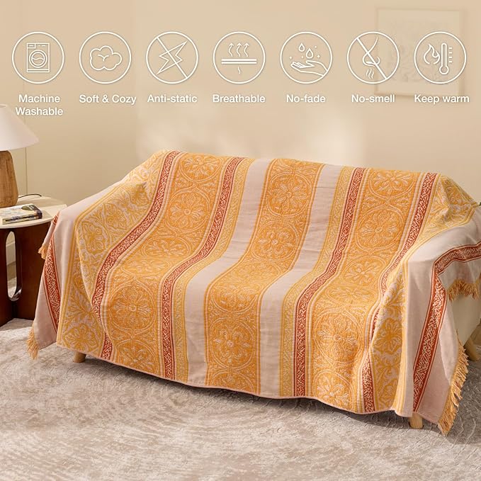 100% Cotton Boho Throw Blanket for Home Decor – Classic Farmhouse Quilt Bedding, Muslin Blankets for Adults, Vintage Woven Decorative Blanket for Couch, Bed Layering Use, Bohemian Stripe, 104"x90"