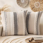 ANRODUO Pack of 2 Boho Decorative Throw Pillow Covers 20x20 Farmhouse Cushion Case Striped Chenille Pillow Cases Square Pillow Covers Accent Neutral Pillowcase for Sofa Couch Bed, White Stripe