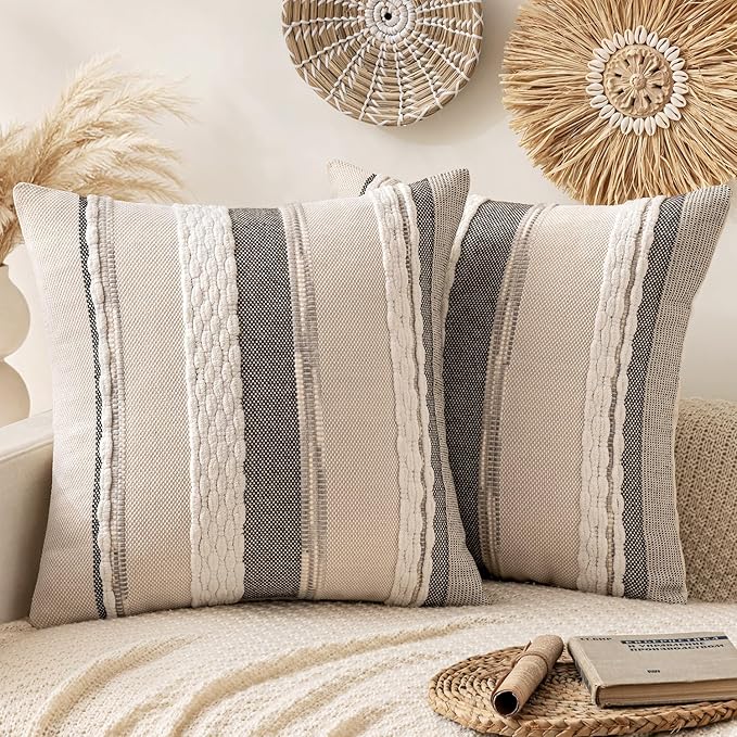 ANRODUO Pack of 2 Boho Decorative Throw Pillow Covers 18x18 Farmhouse Cushion Case Striped Chenille Pillow Cases Square Pillow Covers Accent Neutral Pillowcase for Sofa Couch Bed, White Stripe