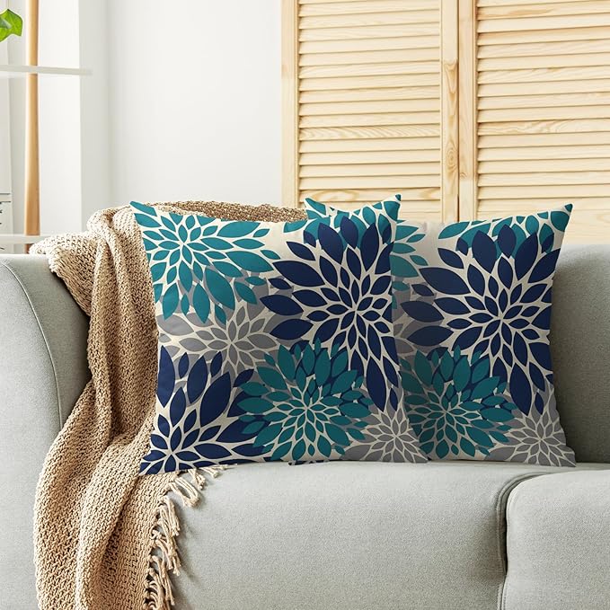Navy Blue Teal Pillow Covers 18X18 Inch Set of 2, Summer Modern Geometry Dahlia Floral Print Decorative Throw Pillow Covers Outdoor Farmhouse Cushion Case for Couch Sofa Bed Decor