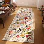 Rugcomf 2x5 Rug Runner - Floral Machine Washable Kitchen Rug, Non-Slip Low Pile Boho Carpet for Hallways, Laundry, Entryway, Bedroom, Bathroom - Beige