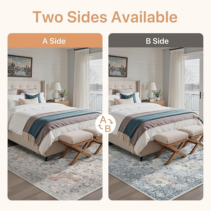GENIMO 6x9 Reversible Area Rugs for Living Room, Machine Washable Rug with Pad, Non Slip Vintage Rug, Low Pile Lightweight Chenille Print Carpet for Bedroom Dining Room Home Office, Taupe & Blue